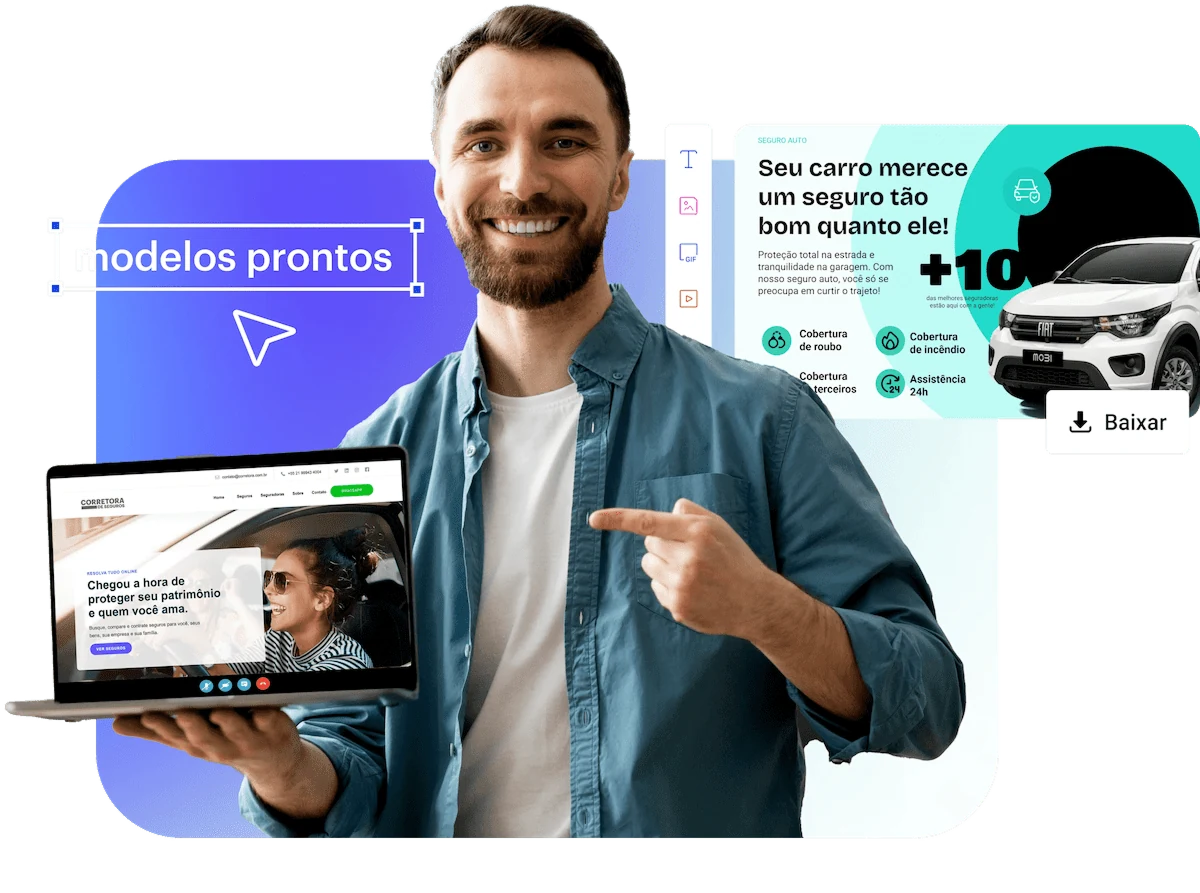 Corretor de seguros apresentando modelos prontos de posts, site e landing page da Otimize